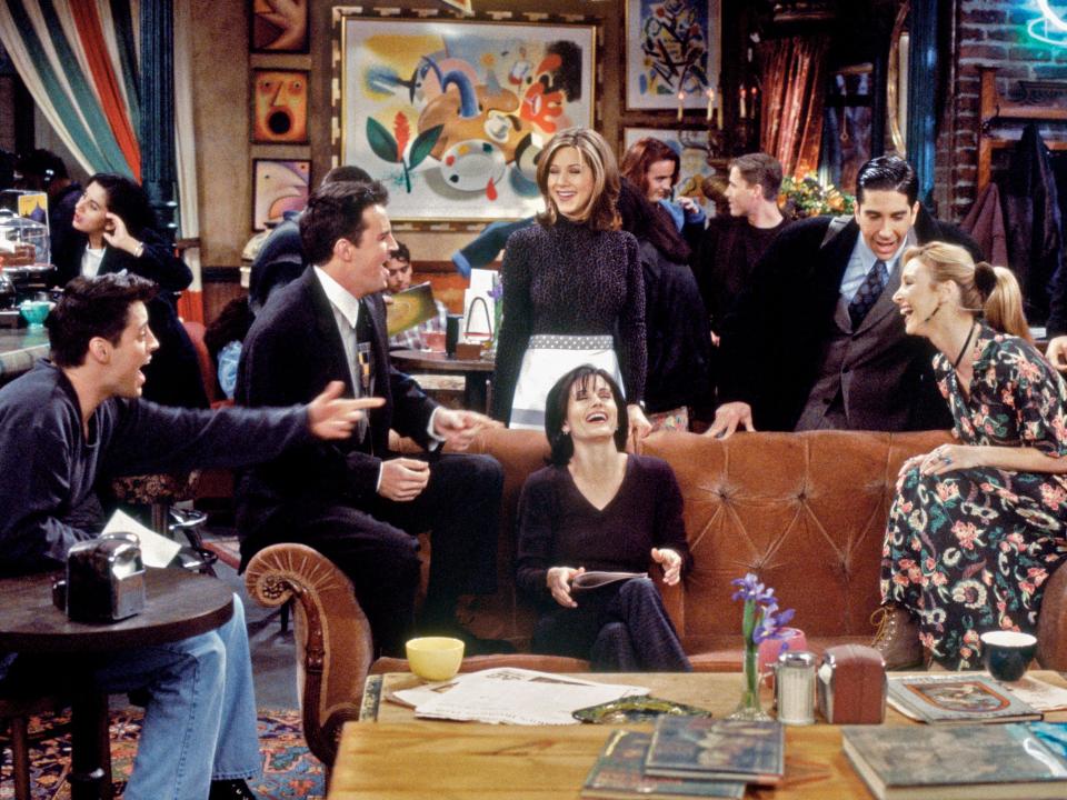 Clockwise from left: Matt LeBlanc as Joey Tribbiani, Matthew Perry as Chandler Bing, Jennifer Aniston as Rachel Green, David Schwimmer as Ross Geller, Chris Isaak as Rob Donnen, Lisa Kudrow as Phoebe Buffay, and Courteney Cox as Monica Geller on season two of "Friends."