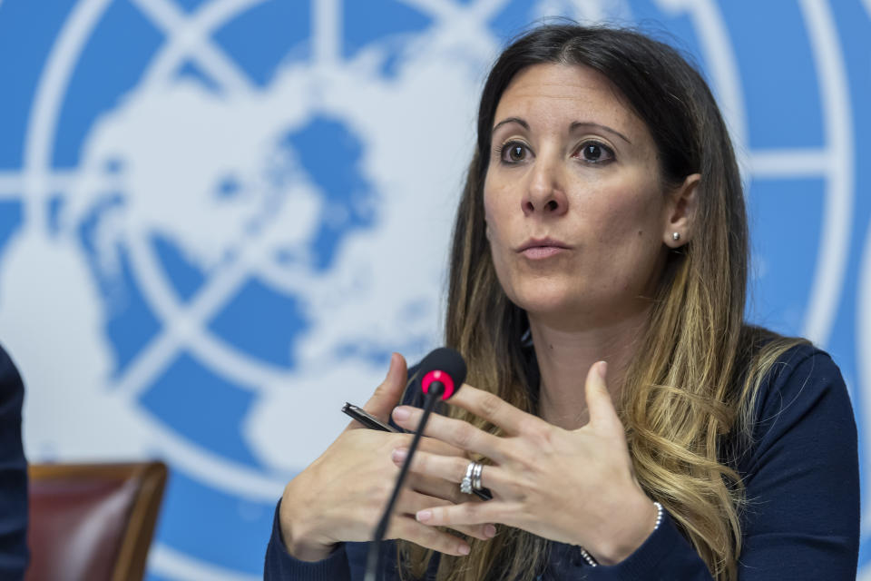 FILE - In this Wednesday, Jan. 29, 2020 file photo, Maria van Kerkhove, head of the Outbreak Investigation Task Force for the World Health Organization speaks during a news conference regarding the COVID-19 coronavirus, at the European headquarters of the United Nations in Geneva, Switzerland. On Jan. 8, the Wall Street Journal reported that scientists had identified a new coronavirus in samples from pneumonia patients in Wuhan, pre-empting and embarrassing Chinese officials. A Chinese Center for Disease Control and Prevention lab technician told The Associated Press they first learned about the discovery of the virus from the Journal. The article also embarrassed WHO officials. Van Kerkhove acknowledged WHO was “already late” in announcing the new virus and told colleagues that it was critical to push China. (Martial Trezzini/Keystone via AP)