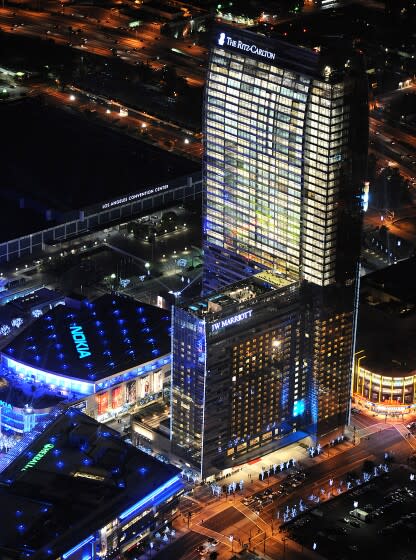 An aerial view of the Ritz-Carlton and Marriott hotels in downtown Los Angeles during a lighting ceremony in 2010.