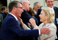 U.S. Defense Secretary Ashton Carter greets German Defence Minister Ursula Von der Leyen during a NATO defence ministers meeting at the Alliance headquarters in Brussels, Belgium, October 26, 2016. REUTERS/Francois Lenoir