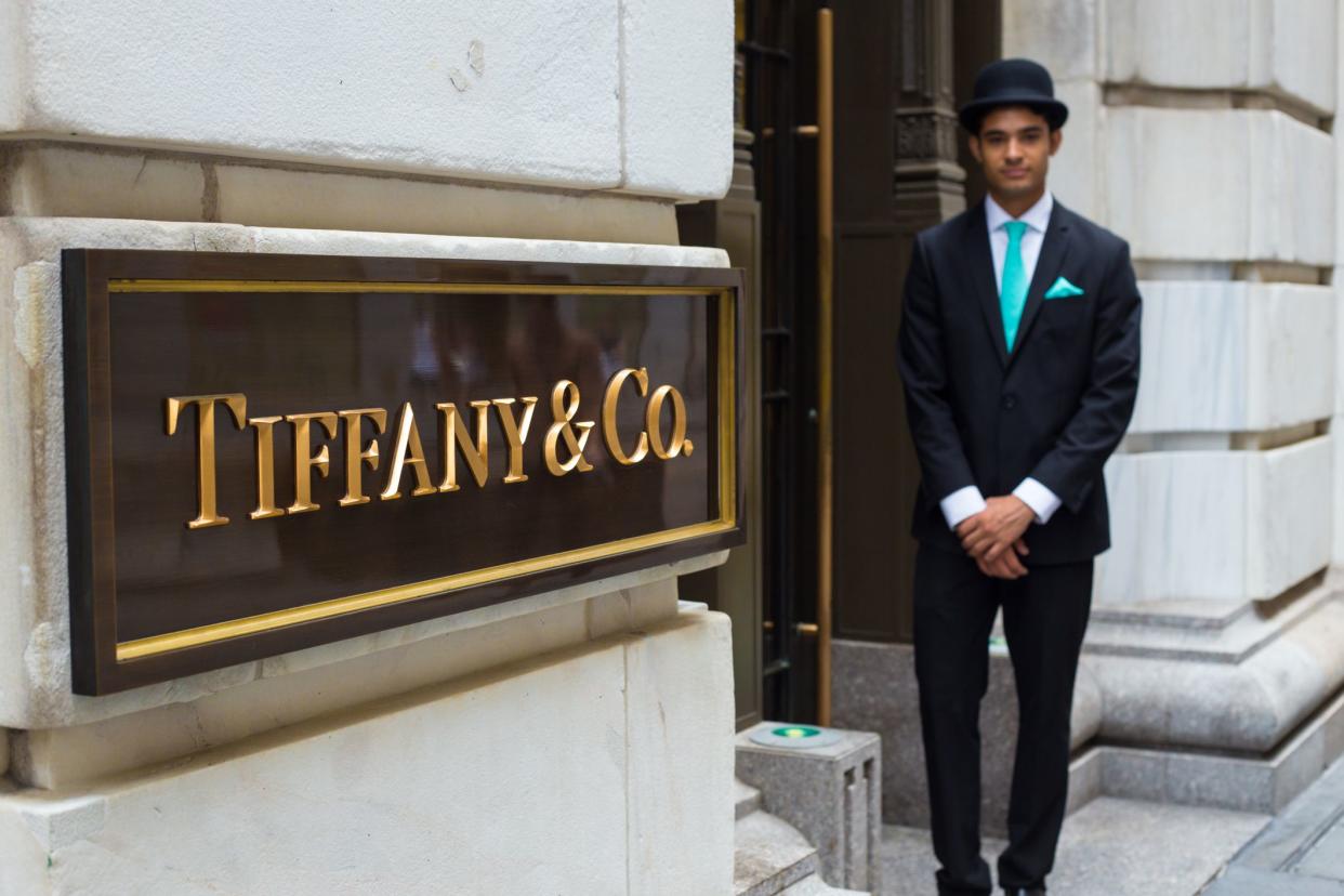 View of Tiffany & Co. Building on Wall Street in the Financial District in Manhattan with doorman
