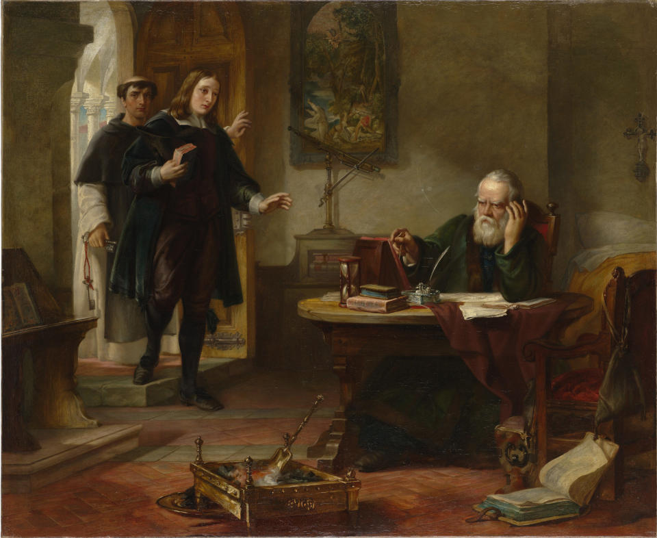 An 1847 painting of Milton visiting Galileo in prison. In one of her science books, Hakim guides young readers through the difficult concepts of relativity that Galileo explored. (Heritage Images/Getty Images)