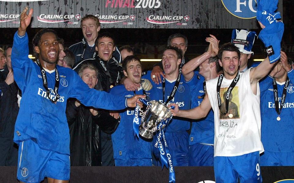 Chelsea lifting the 2005 League Cup final trophy