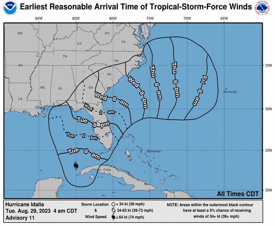 Expected arrival times of winds from Hurricane Idalia 5 a.m. Aug. 29, 2023.