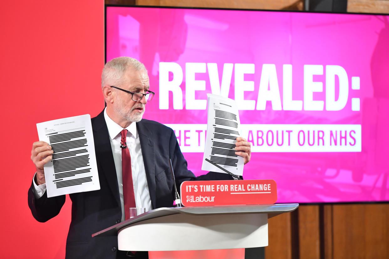 Labour leader Jeremy Corbyn holds a redacted copy of the Department for International Trade's UK-US Trade and Investment Working Group readout as he delivers a speech about the NHS, in Westminster, London.