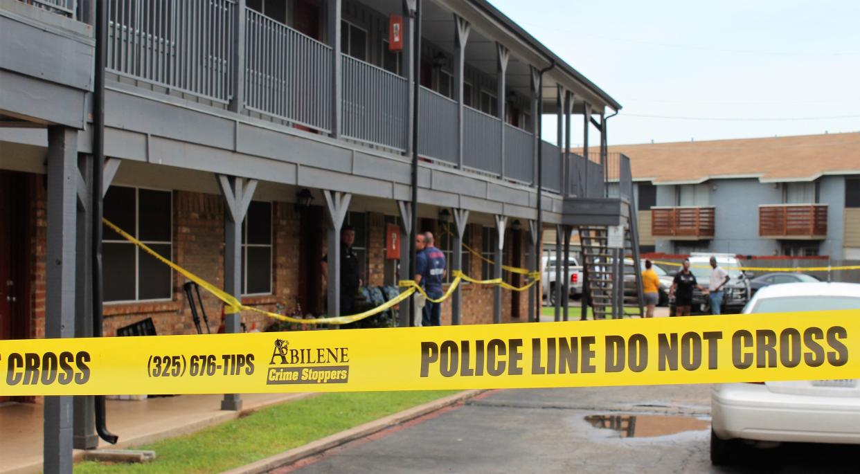 First-floor units at the southwest portion of Camelot Apartments in the 5200 block of Alamo Drive are bordered by tape as Abilene Police investigate the death of a 68-year-old resident. Police call her death a homicide. June 14 2021