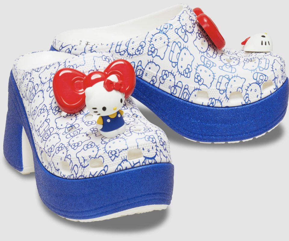 blue and white hello kitty platform heel crocs