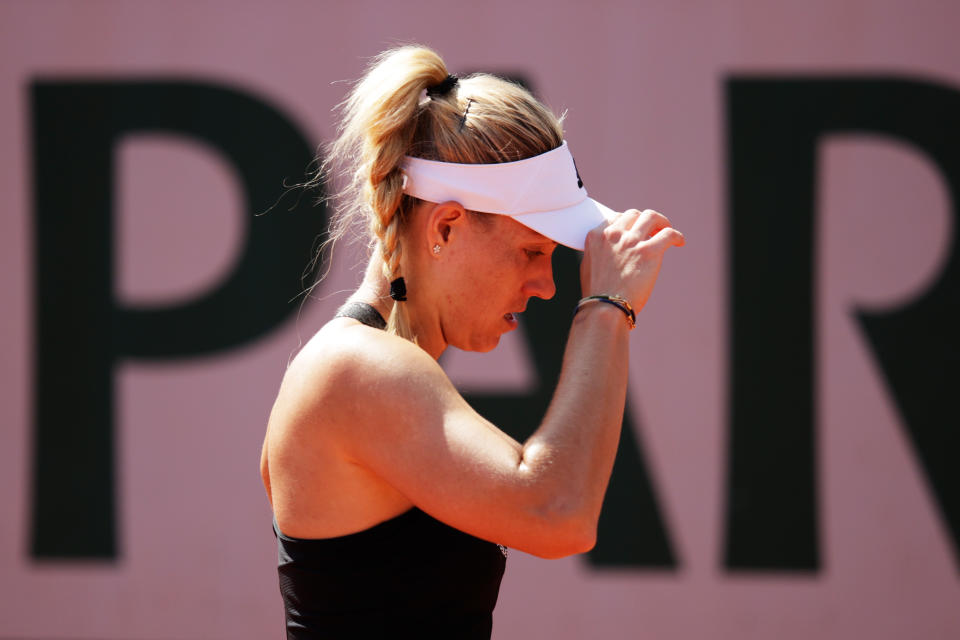 PARIS, FRANCE - MAY 30: Angelique Kerber of Germany reacts in her First Round match against Anhelina Kalinina of Ukraine during Day One of the 2021 French Open at Roland Garros on May 30, 2021 in Paris, France. (Photo by Adam Pretty/Getty Images)