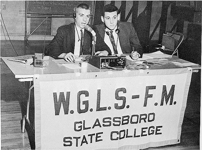 
Top, Rowan Radio 89.7 WGLS-FM Station Manager Derek Jones looks on as  Cody Cronin hosts his morning show in the studio on the Rowan University’s campus Friday. Above left,  Jones looks through the station’s library of music. Above right, a historic image provided by WGLS. 
