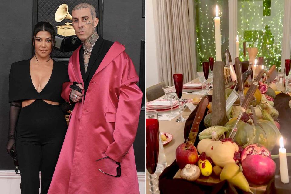 <p>Jeff Kravitz/FilmMagic, Kourtney Kardashian/Instagram</p> Kourtney Kardashian throws vegan Thanksgiving dinner for Travis Barker