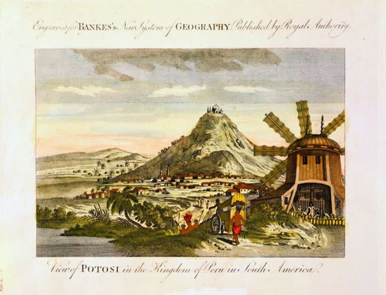 Imagen de 1788 del Cerro Potosí, en la actual Bolivia, una de las principales minas de donde el Imperio Español extrajo plata para acuñar su popular Real de a ocho