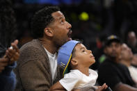 Businessman Maverick Carter watches during the second half in Game 4 of an NBA basketball first-round playoff series between the Los Angeles Lakers and the Denver Nuggets Saturday, April 27, 2024, in Los Angeles. (AP Photo/Mark J. Terrill)