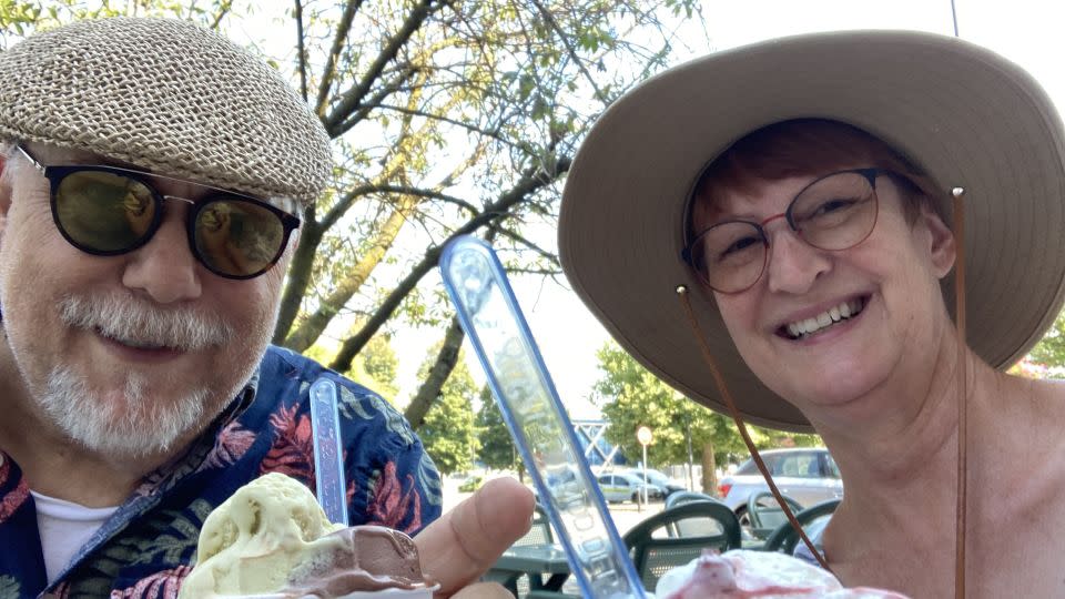 Patience Dunbar and her husband, Charles Ippoliti, at their favorite gelateria in Arona, Italy, in April 2023. - Patience Dunbar