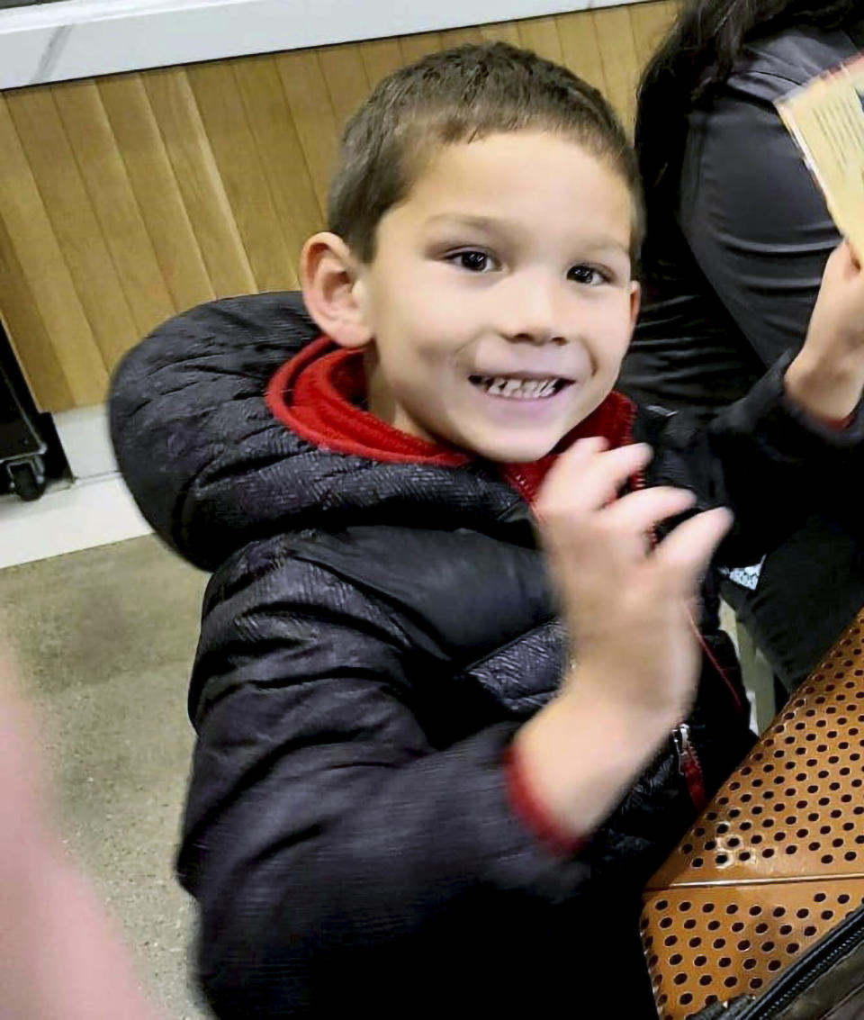 This undated photo provided by the San Luis Obispo County Sheriff's Office shows a photo of 5-year-old Kyle Doan who the authorities are searching for. The search resumed Tuesday, Jan. 10, 2023, for the 5-year-old boy who was swept away by floodwaters a day earlier on the state's central coast. Doan, who has dirty blonde hair, was wearing a black puffer jacket and blue jeans when the truck he was in with his mother became stranded in rising waters near Paso Robles, according to the San Luis Obispo County Sheriff's Office. (San Luis Obispo County Sheriff's Office via AP)