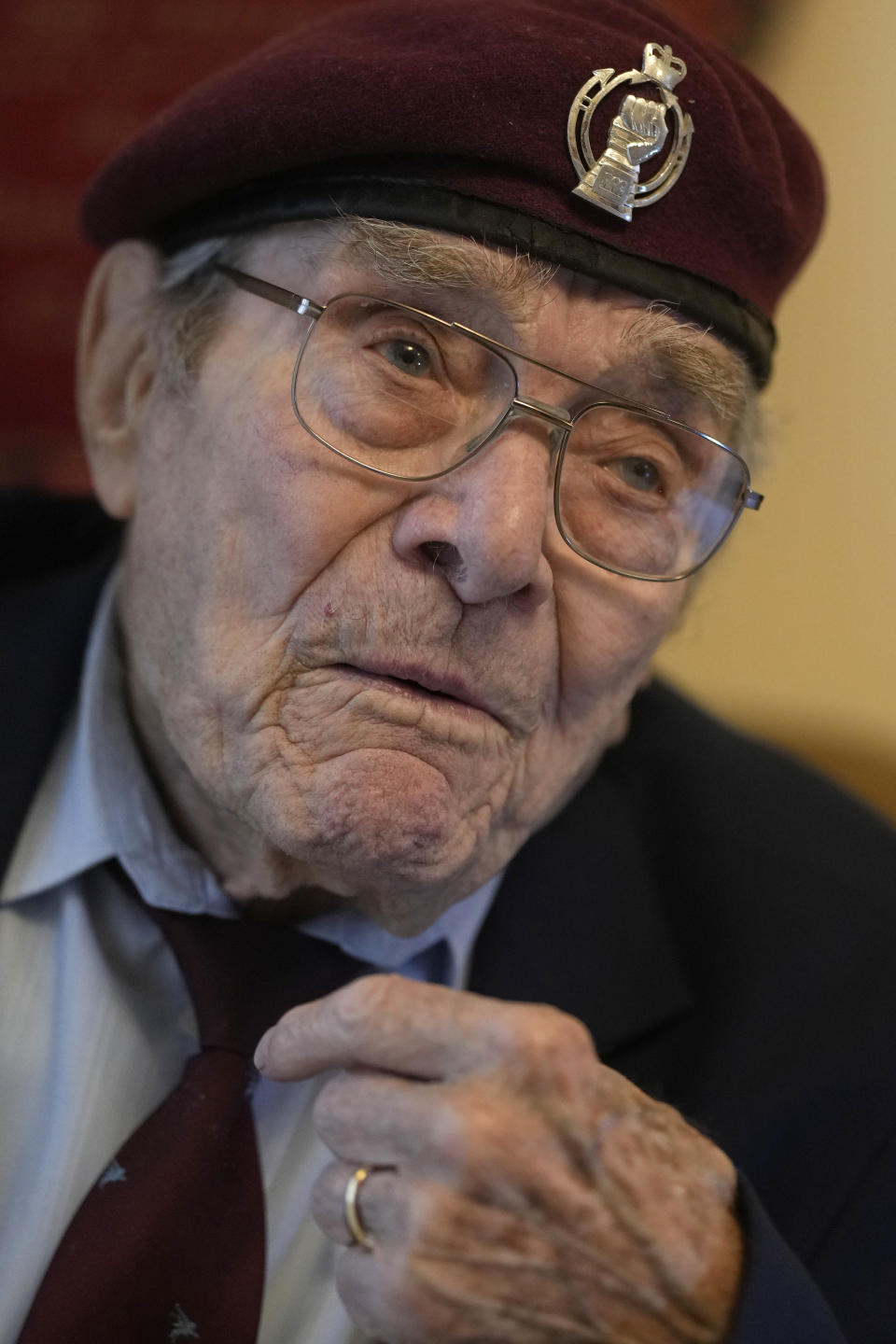 D-Day veteran Bill Gladden speaking at his home in Haverhill, England, Friday, Jan. 12, 2024. Gladden spoke to the AP on the eve of his 100th birthday, he is a veteran of the 6th Airborne Armoured Reconnaissance Regiment, part of the British 6th Airborne Division, he landed by glider on the afternoon of D-Day, 6th June 1944 in Normandy. (AP Photo/Alastair Grant)