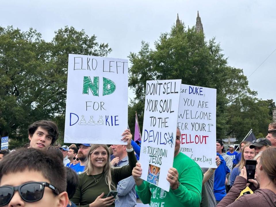 Signs from College Football Gameday before Duke hosts Notre Dame.