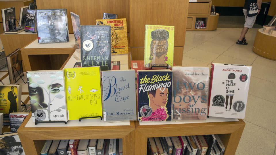 Banned books are visible at the Central Library, a branch of the Brooklyn Public Library system, in New York City on Thursday, July 7, 2022. - Ted Shaffrey/AP