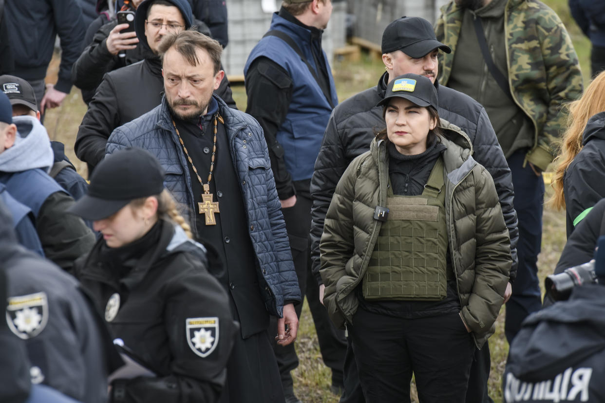 Prosecutor General of Ukraine Iryna Venediktova during visit to a mass grave in Bucha, Kyiv area, Ukraine, April 12, 2022 (Photo by Maxym Marusenko/NurPhoto via Getty Images)