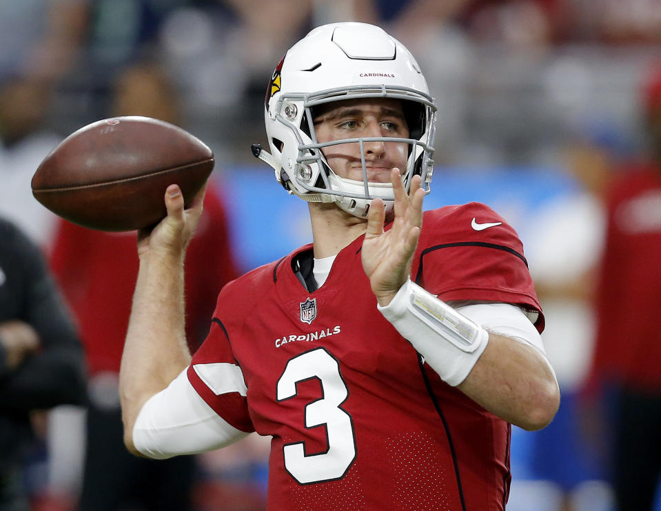 Arizona Cardinals quarterback Josh Rosen (3) warms up prior to an NFL football game against the Seattle Seahawks, Sunday, Sept. 30, 2018, in Glendale, Ariz. (AP Photo/Ross D. Franklin)