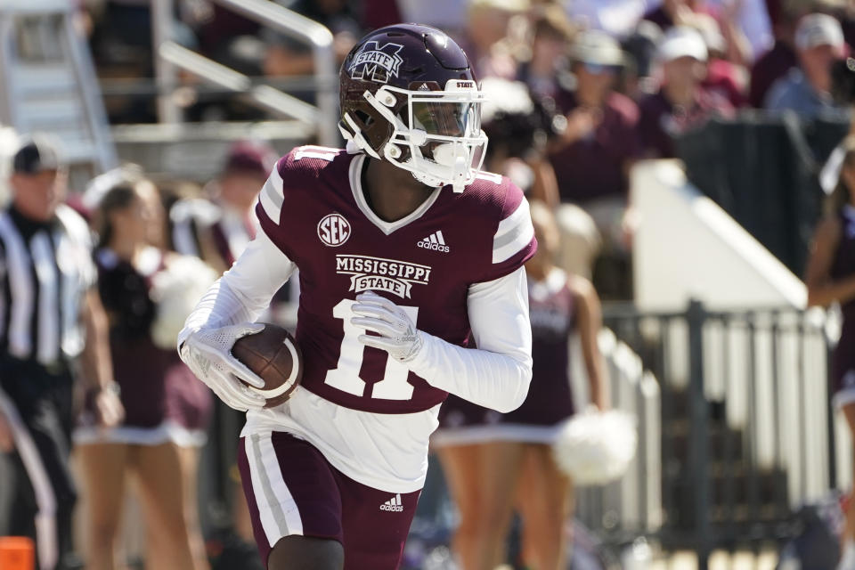 Mississippi State wide receiver Jaden Walley (11) looks for running room after catching a pass during the first half of an NCAA college football game against Arkansas in Starkville, Miss., Saturday, Oct. 8, 2022. (AP Photo/Rogelio V. Solis)