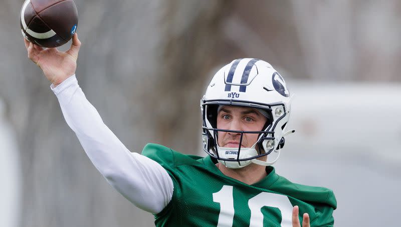 BYU quarterback Kedon Slovis throws during 2023 spring camp in Provo. Slovis and the Cougars will be teeing off in the Big 12 this fall as BYU moves into the Power Five league.