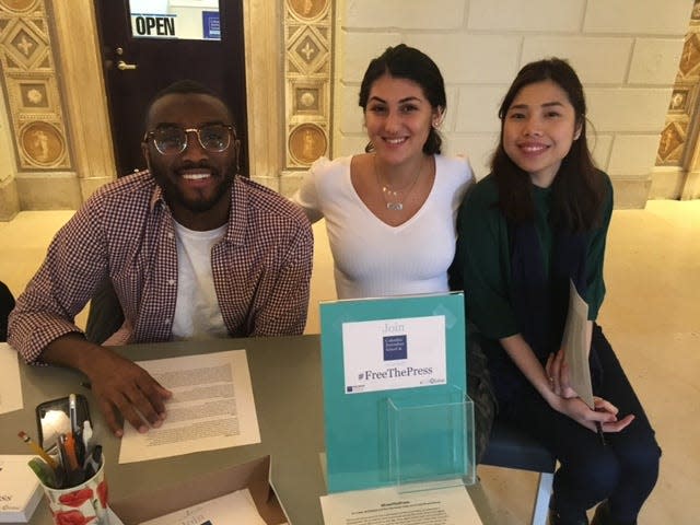 From left, Isaiah Smalls, Andrea Sahouri and Isabelle Lee were the organizers of a 2018 press freedom letter-writing campaign at Columbia Journalism School, to send messages to journalists imprisoned around the world. Sahouri joined the Des Moines Register in 2019.