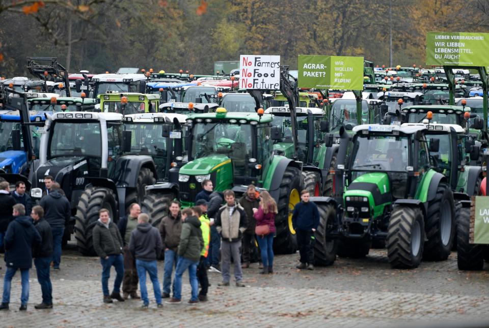 Farmers protest with their tractors against the government's environmental policies including plans to phase out glyphosate pesticides in Dortmund, western Germany on November 25, 2019. - Farmers from all over the country are on their way to Berlin where they will stage further protest on November 26, 2019. (Photo by INA FASSBENDER / AFP) (Photo by INA FASSBENDER/AFP via Getty Images)