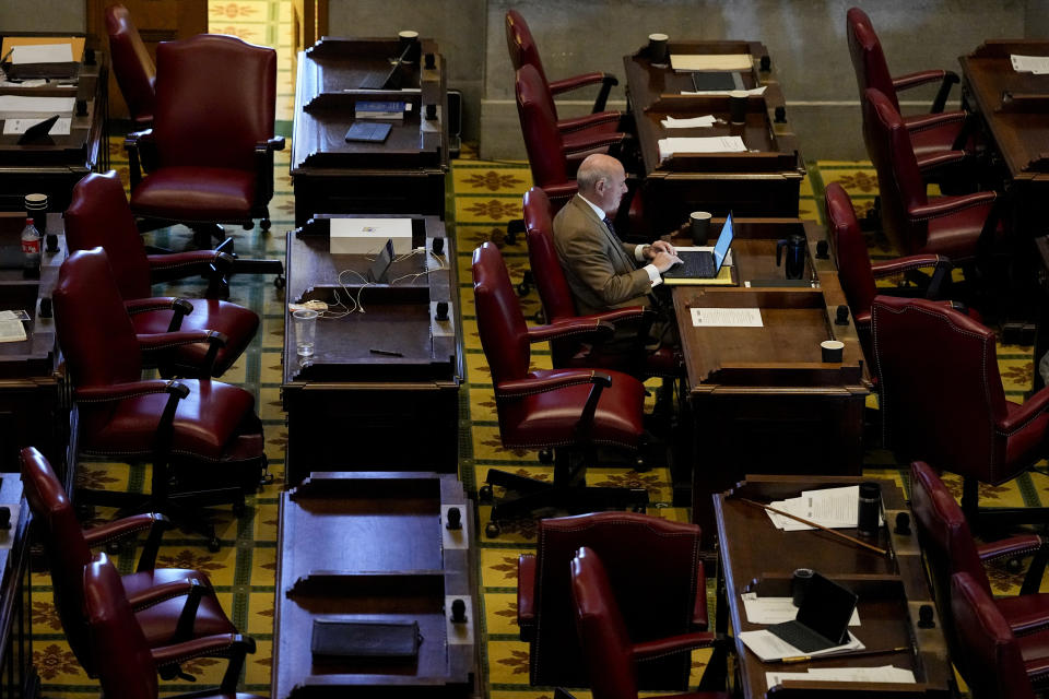 Rep. Gino Bulso, R-Brentwood, sits in the House chamber during a recess of a legislative session Thursday, April 25, 2024, in Nashville, Tenn. (AP Photo/George Walker IV)