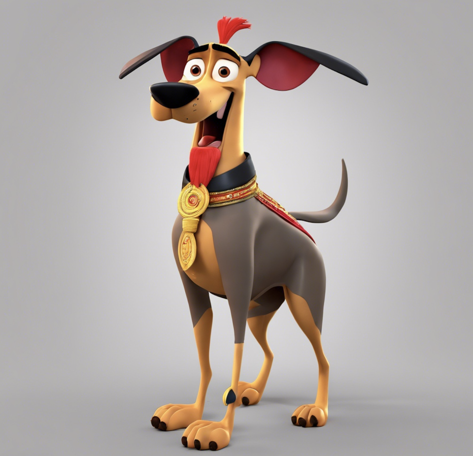 3D AI render of Kuzco from The Emperor's New Groove as a dog, wearing a collar with a gold medal