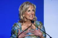 First lady Jill Biden speaks during an event to present her 2021 inaugural ensembles to the Smithsonian's National Museum of American History, Wednesday, Jan. 25, 2023, in Washington. (AP Photo/Alex Brandon)