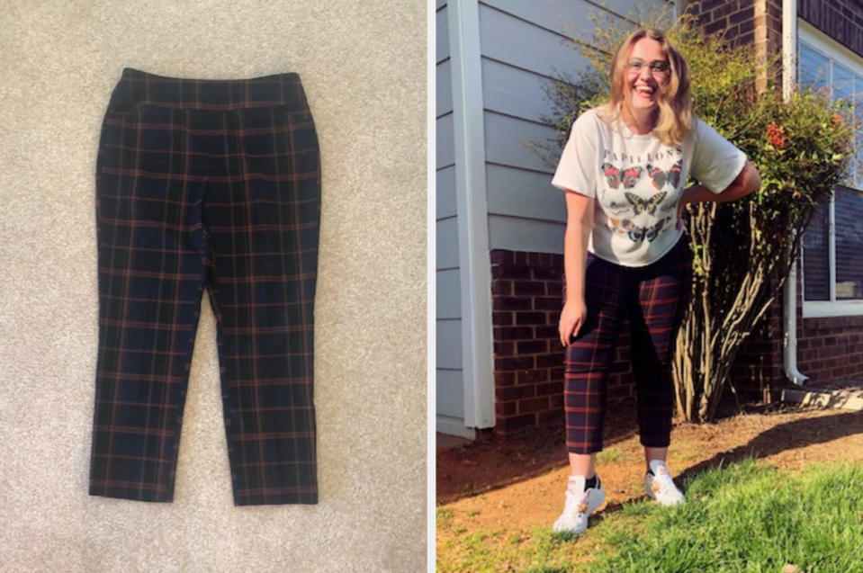 Pair of printed pants, next to a woman wearing the pants and a t-shirt