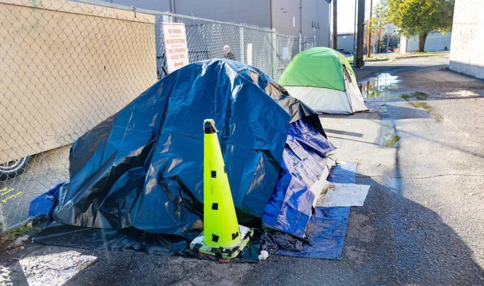 Tents are pitched along Cooper Court, an alley frequently frequented by homeless people. A June 2024 Supreme Court ruling allowed cities to enforce bans on outdoor sleeping, but Boise Mayor Lauren McLean said she would focus instead on providing supportive housing.