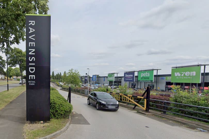 A Google Maps street view of the entrance to the Ravenside Retail Park in Kingsbury Road, Erdington