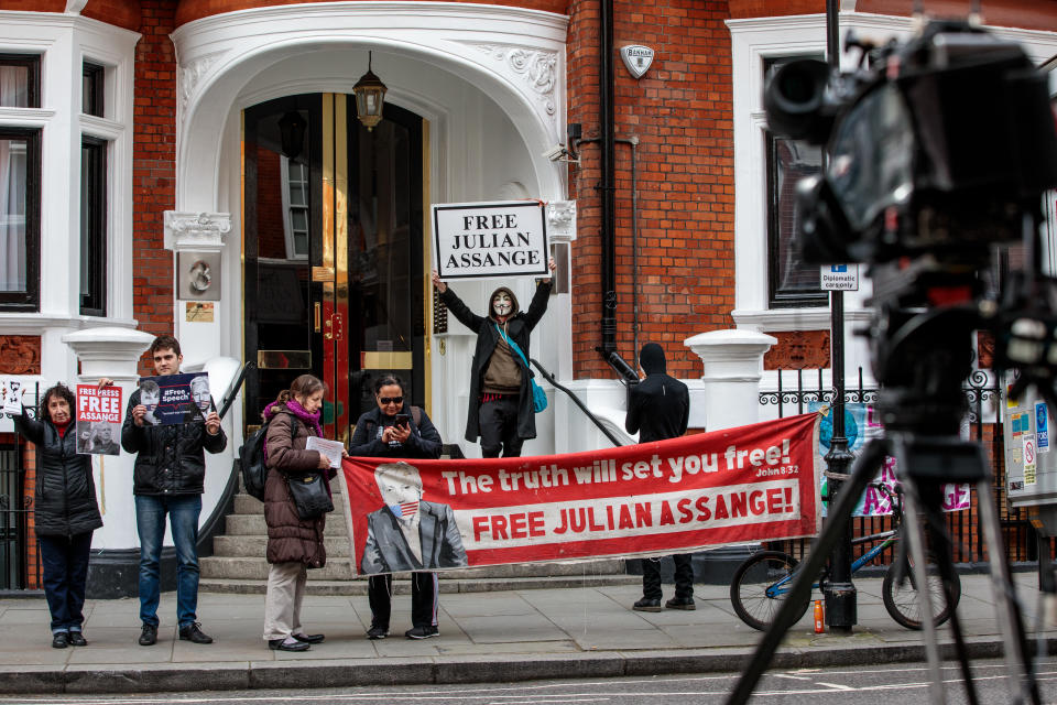 Protesters demonstrate in support of Julian Assange outside the Ecuadorian Embassy in South Kensington on April 5. Source: Getty Images