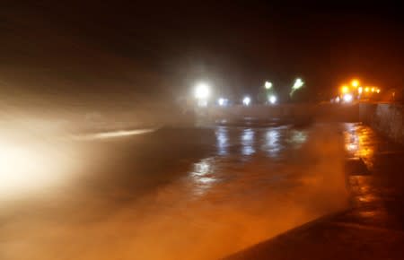 Waves crash on a wall along the coast near Sao Mateus, as Hurricane Lorenzo approaches Angra do Heroismo in Azores