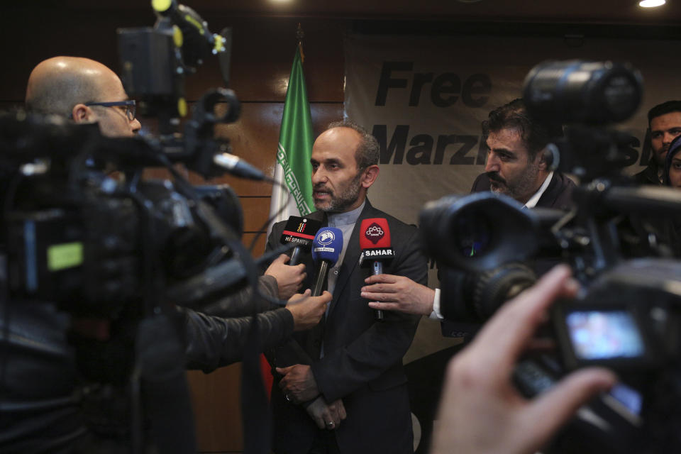 Paiman Jebeli, deputy chief of Iran's state IRIB broadcaster gives a press briefing about American-born news anchor who works for Iranian state television's English-language service, Marzieh Hashemi, in Tehran, Iran, Wednesday, Jan. 16, 2019. Hashemi has been arrested after flying into the U.S., the broadcaster reported Wednesday. The reported detention of Press TV's Hashemi, born Melanie Franklin of New Orleans, comes as Iran faces increasing criticism of its own arrests of dual nationals and others with Western ties. (AP Photo/Vahid Salemi)