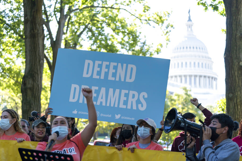 People rally outside the Capitol in support of the Deferred Action for Childhood Arrivals (DACA) during a demonstration on Capitol Hill in Washington.