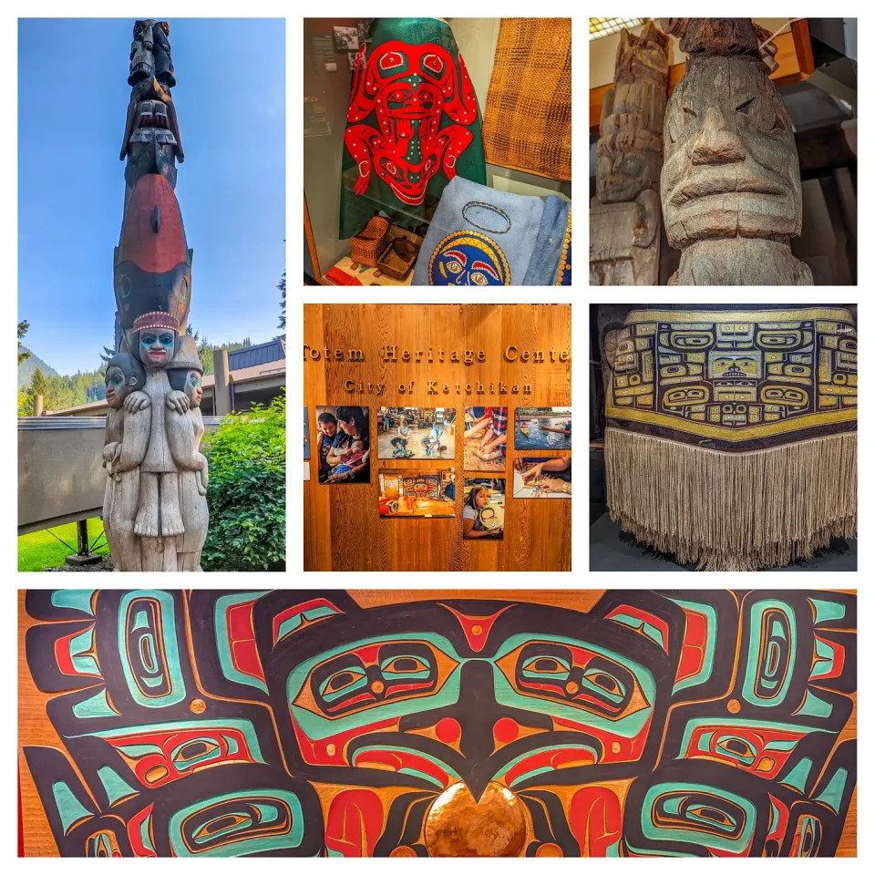 A collage of totem poles and other Alaska indigenous arts and crafts. 