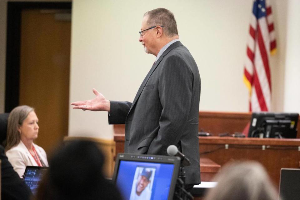 Attorney William Harris gives the opening statement for defendant Timothy Huff in his murder trial for the fatal shooting of Garrett Hull, a 17-year Fort Worth police veteran, on Monday, June 6, 2022, in Tarrant County’s 396th District Court.