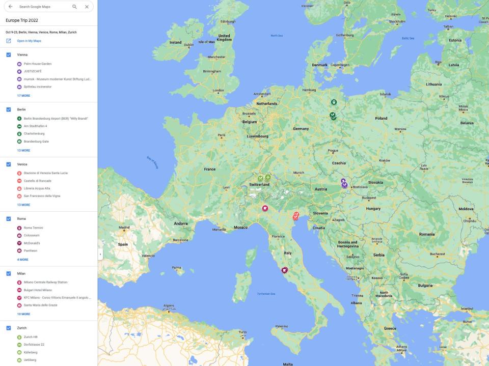 Google Maps shows Europe with pins in Germany, Austria, Italy, and Switzerland.