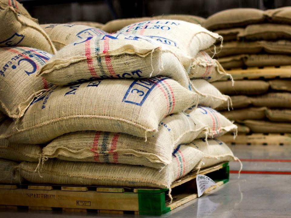  Sacks of coffee beans at Tim Hortons’ roasting plant in Ontario.