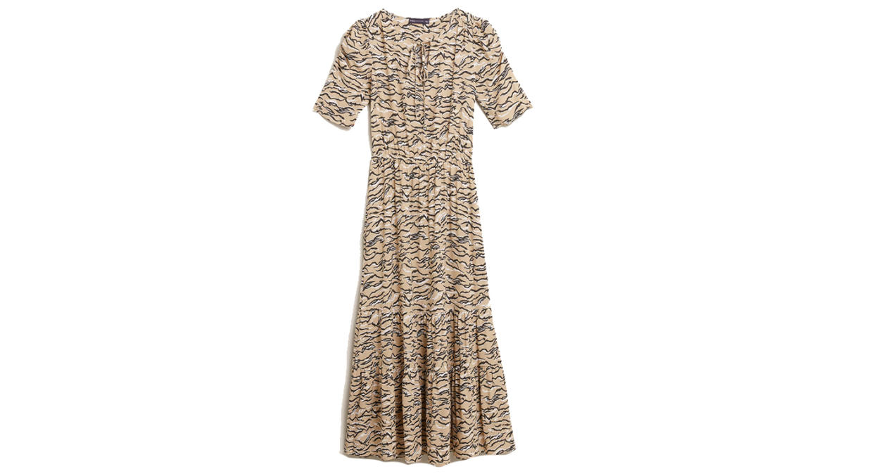 Animal Print Tie Neck Midi Waisted Dress