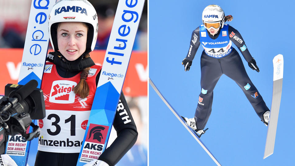 Juliane Seyfarth, pictured here in action for Germany at the ski-jumping world championships.