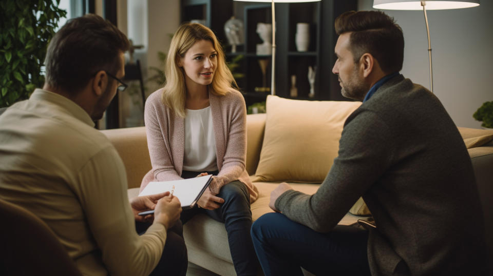 An insurance specialist consulting with a couple in their living room, discussing their policy options.