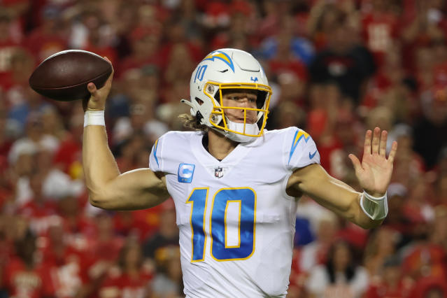 Quarterback Justin Herbert of the Los Angeles Chargers throws a pass