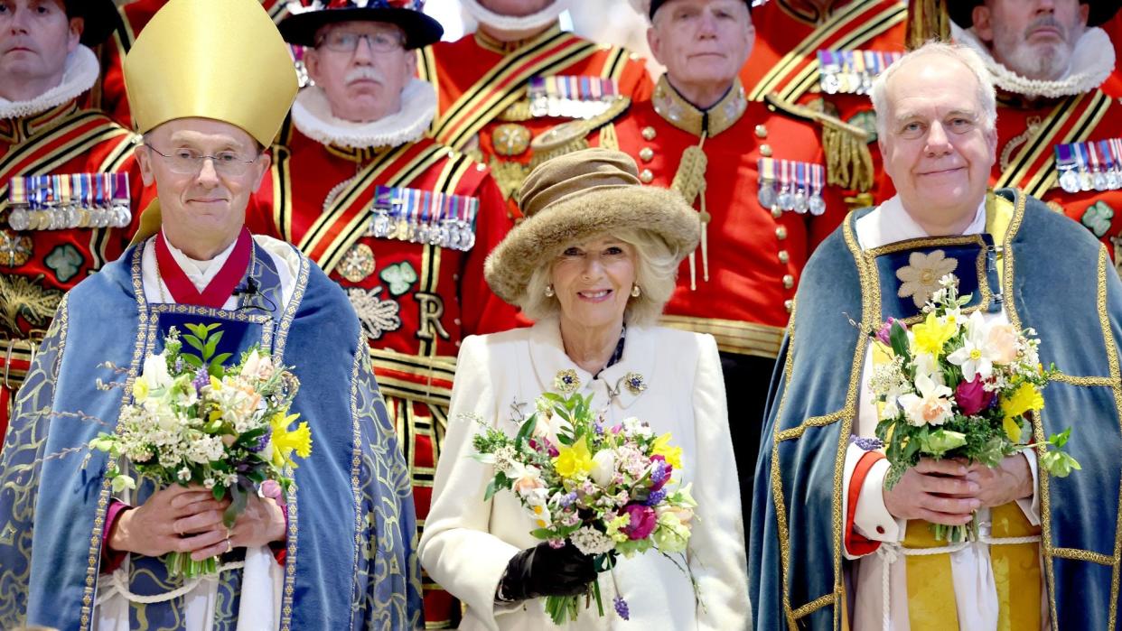 Queen Camilla with Yeomen of the Guard at the Royal Maundy service