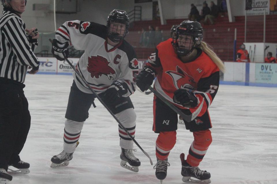 Devils Lake forward/defender Vivianna Kraft (left, white) races for the puck after a faceoff against Williston on Jan. 25.