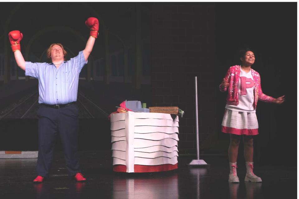 James Coble as Mr. Krabs and Sidney Bowman as Pearl in Blackhawk High School's "The SpongeBob Musical."