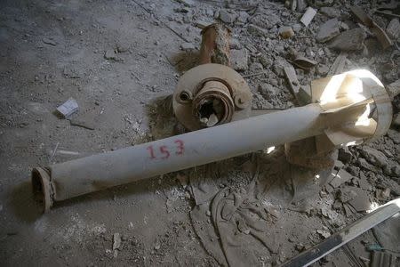 A view shows the rest of a missile fragments fired in 2013 in the Ghouta town of Ain Tarma, Syria April 7, 2017. Picture taken April 7, 2017. REUTERS/Bassam Khabieh
