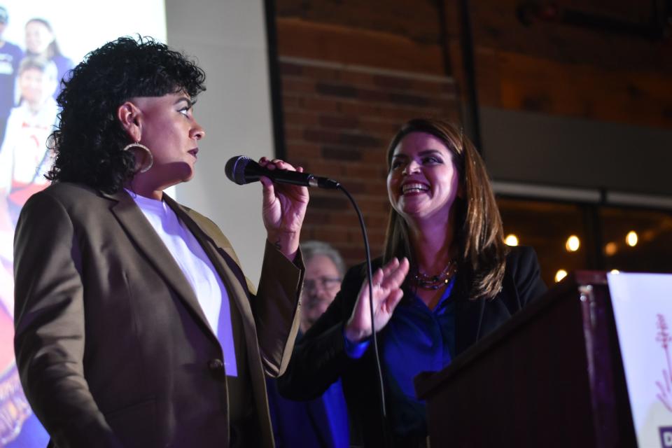 From left, Tucson Councilmember Lane Santa Cruz and Mayor Regina Romero on election night on Nov. 7, 2023. The two were leading in early returns.
